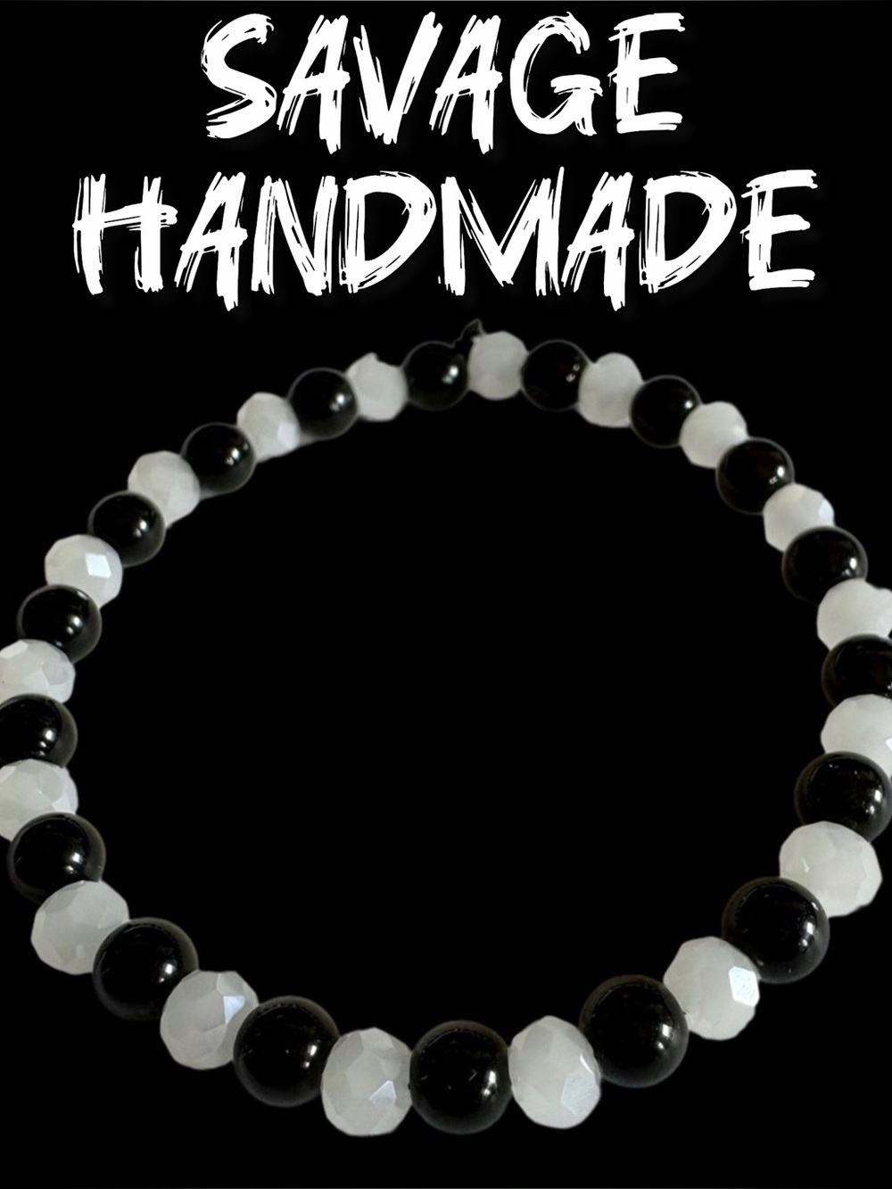 Handmade Black & White Faceted Beaded Stretch Bracelet